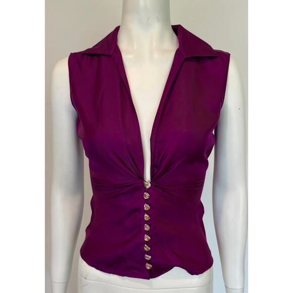 S/S 2000 Gianni Versace by Donatella Purple Silk Satin Rhinestone Plunging Top - Picture 1 of 10